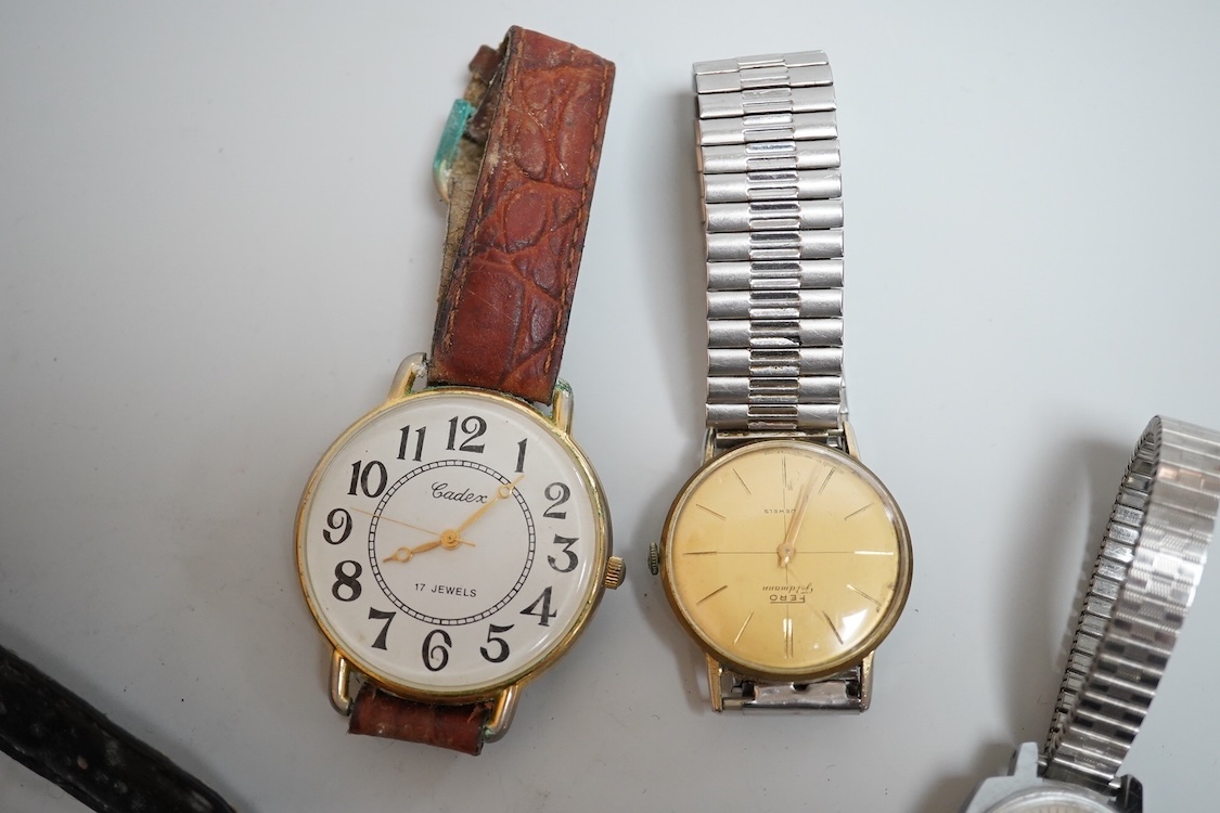Eight assorted mainly gentleman's wrist watches, including a steel and gold plated Trident, Fero and over sized Citron.